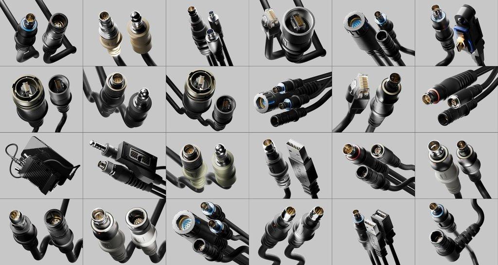 Collage of Protocable connector renders: ODU, Switchcraft, 2590, Nett Warrior, RJ-45 and USB terminations